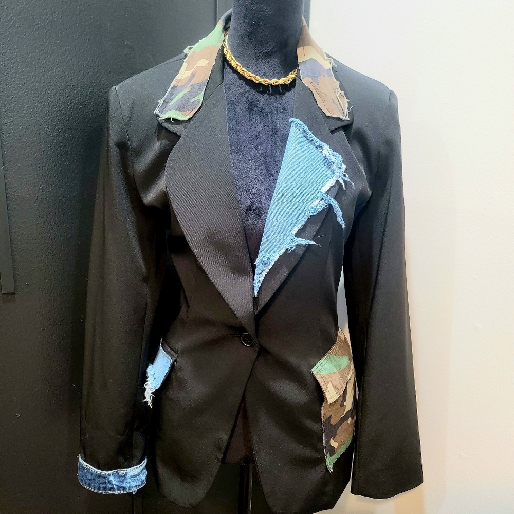 Custom Blazer - Black Camouflage & Denim Custom Blazer Camouflage Blazer - Picture 2 of 4